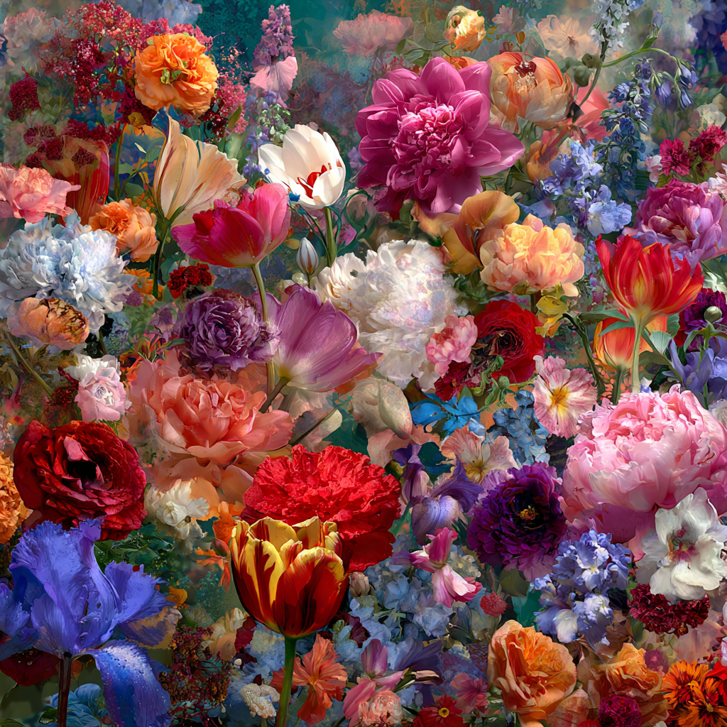 Farbintensives Blumenmeer mit Tulpen, Pfingstrosen und Rosen in kräftigen Rot-, Rosa- und Blautönen – modernes Kunstwerk voller Leben und Tiefe.

