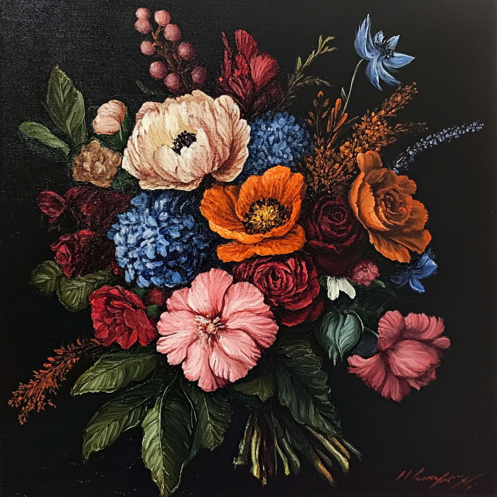 Ölgemälde eines Blumenstraußes in kräftigen Farben mit Rosen, Anemonen und Blüten in Rot, Blau, Orange und Rosa vor dunklem Hintergrund
