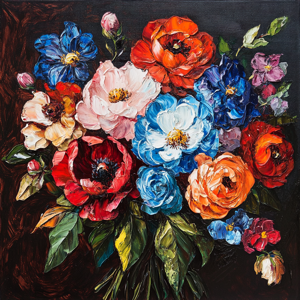 Ölgemälde eines farbenfrohen Blumenstraußes mit roten, blauen, weißen und orangefarbenen Blüten auf dunklem Hintergrund
