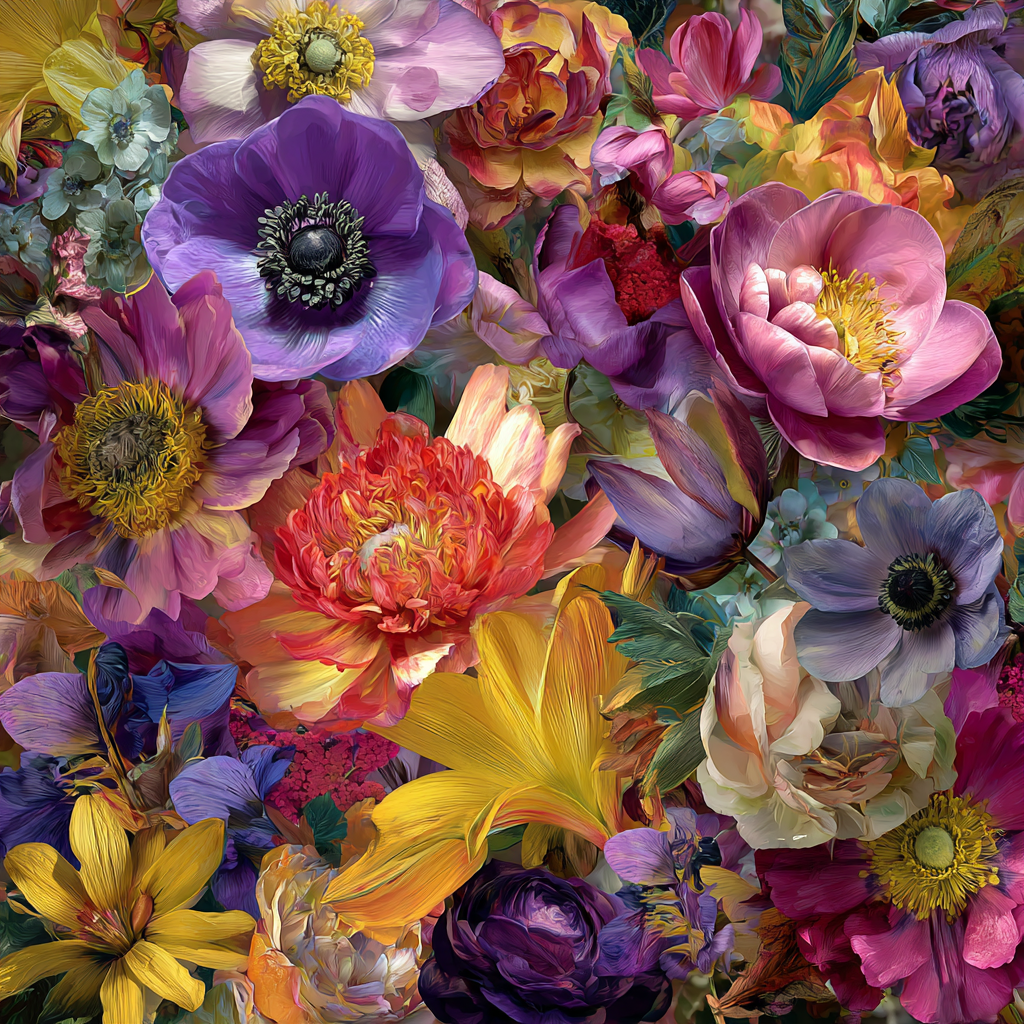 Üppige Komposition aus bunten Blumen wie Anemonen, Pfingstrosen und Lilien in kräftigen Farben – modernes Kunstwerk mit Tiefe und Leuchtkraft.
