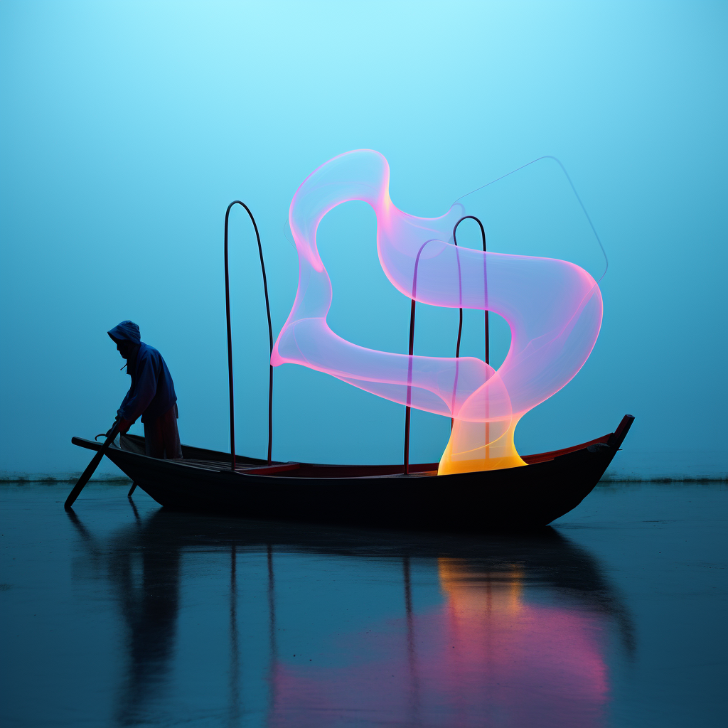 Person in dunkler Kleidung auf einem Boot bei Nebel, mit leuchtenden, abstrakten Lichtformen in Rosa, Violett und Gelb, die sich über dem Boot erheben.
