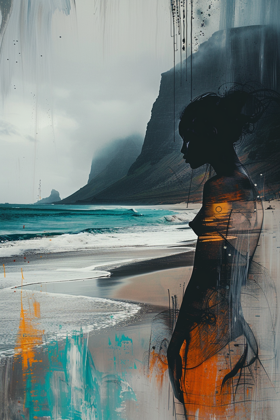 Silhouette einer Frau am Meer, im Vordergrund abstrakte Farbspuren in Orange und Blau, im Hintergrund dramatische Felsenküste unter grauem Himmel.
