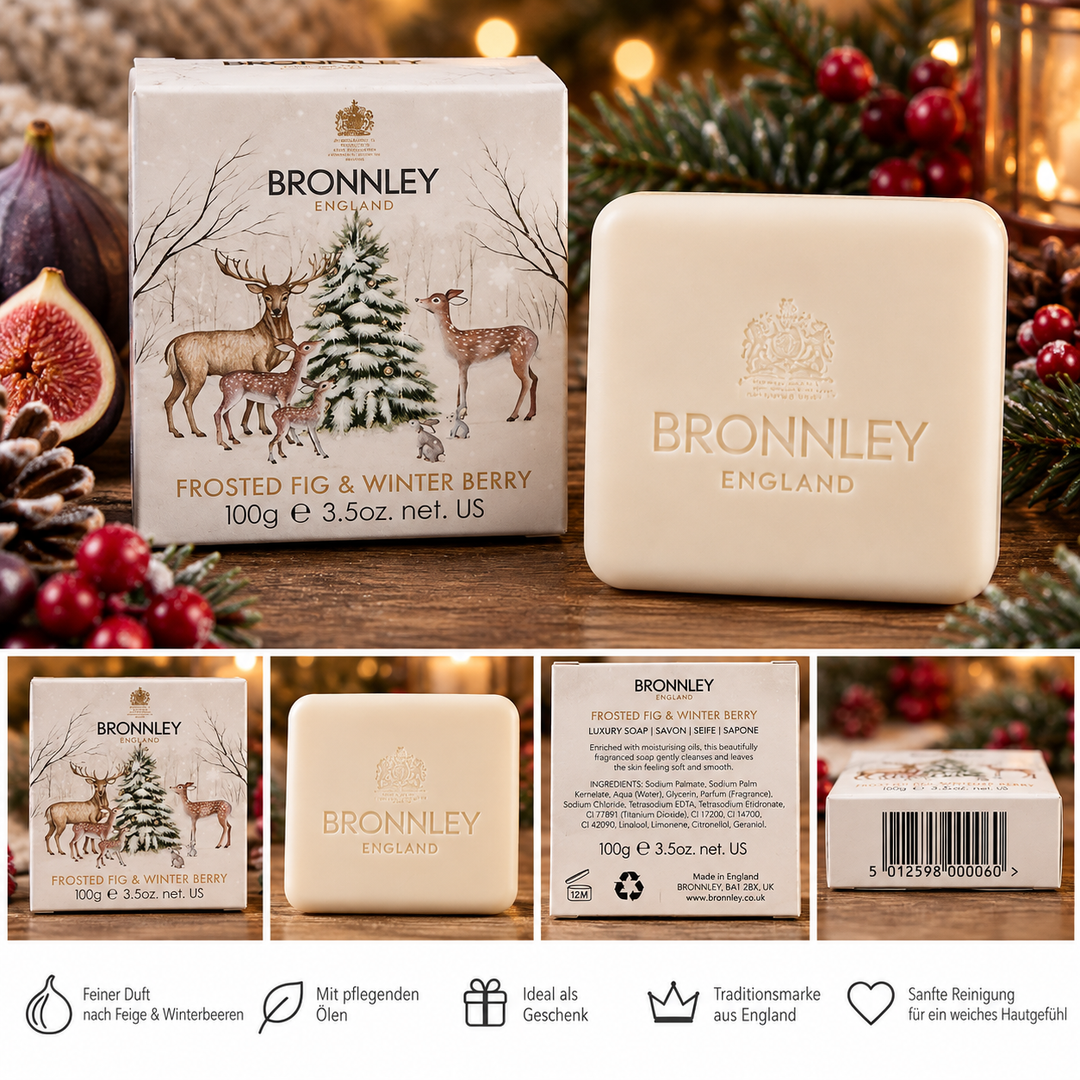Bronnley Frosted Fig &amp; Winter Berry Seife 100 g mit quadratischer Seife und Winterverpackung