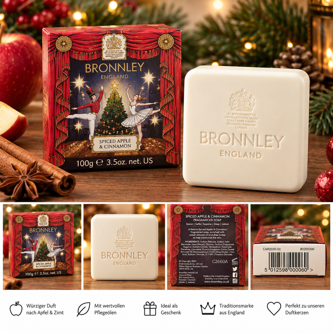 Bronnley Spiced Apple &amp; Cinnamon Seife 100 g – quadratische Seife ohne Hand mit Geschenkverpackung und Produktdetails