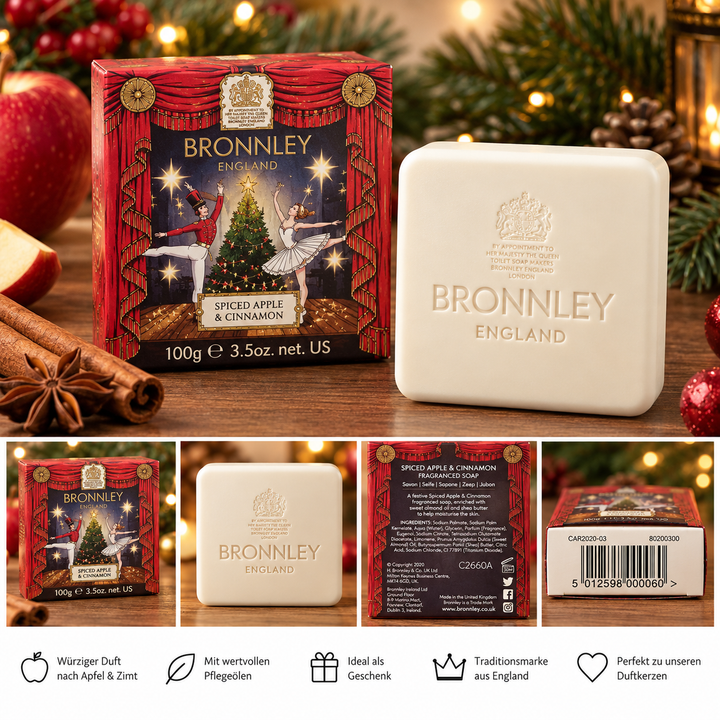 Bronnley Spiced Apple &amp; Cinnamon Seife 100 g – quadratische Seife ohne Hand mit Geschenkverpackung und Produktdetails