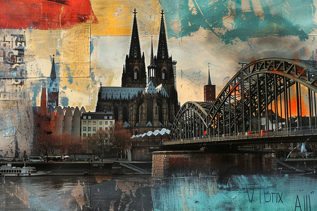 Collageartige Stadtansicht mit einer großen gotischen Kathedrale und einer Eisenbrücke über einem Fluss. Der Himmel ist in warmen Orange- und kühlen Blautönen gehalten, überlagert von malerischen Texturen und Spuren. Die Kombination aus realistischen Architekturformen und abstrakten Farbflächen erzeugt eine dichte, poetische Atmosphäre.
