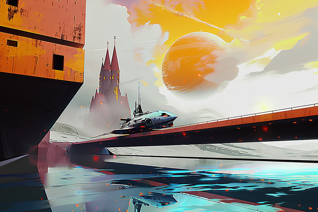 Futuristische Landschaft mit Brücke, Raumschiff und riesigem Planeten im Hintergrund. Kombination aus Science-Fiction-Architektur, Lichtreflexionen und surrealem Himmel in Gelb-Orange-Tönen.
