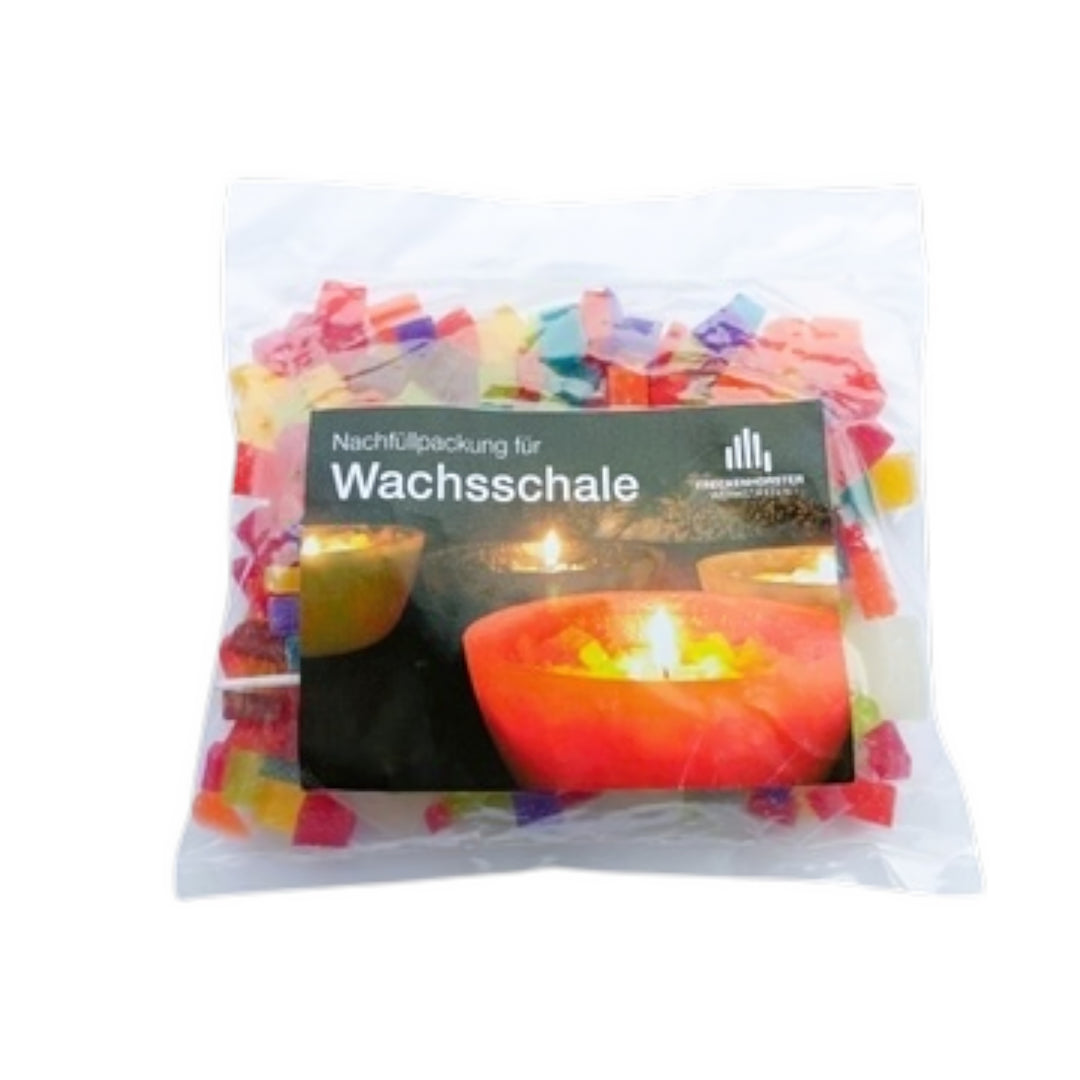 Nachfüllpackung mit buntem Wachsgranulat für Wachsschale, in transparenter Tüte mit Etikett und Produktabbildung