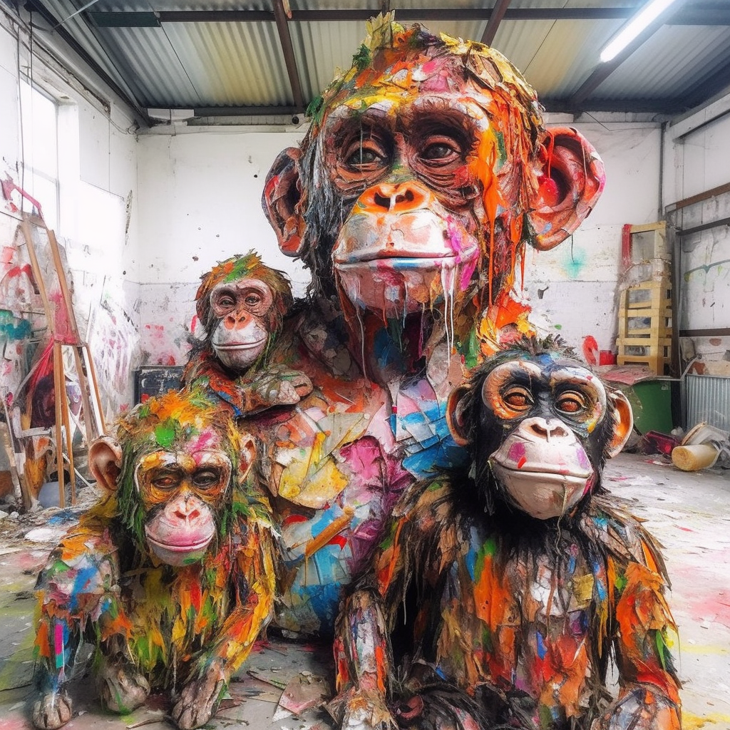 Bunte Affenskulpturen in einem Atelier, mit kräftigen Farbschichten und lebendigen
Texturen. Vier Figuren in farbenfroher, abstrakter Mixed-Media Optik.
