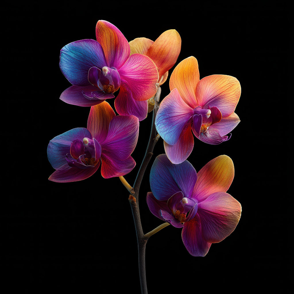 Bunte Orchidee mit leuchtenden Blütenfarben vor schwarzem Hintergrund.
