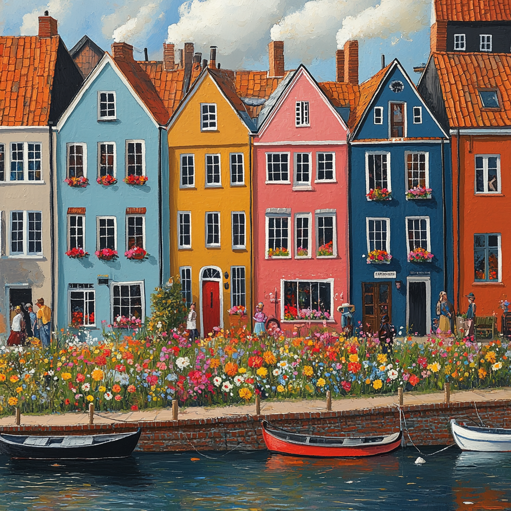 Farbenfrohes Gemälde mit bunten Häusern, Blumen und Booten an einem sonnigen Hafen
