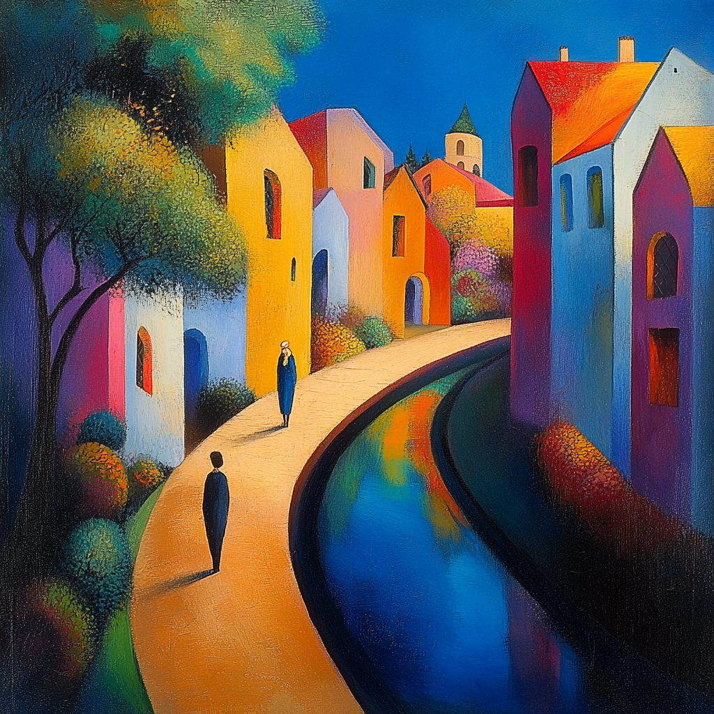 Farbenfrohes Gemälde einer stilisierten Stadt am Kanal mit zwei Spaziergängern
