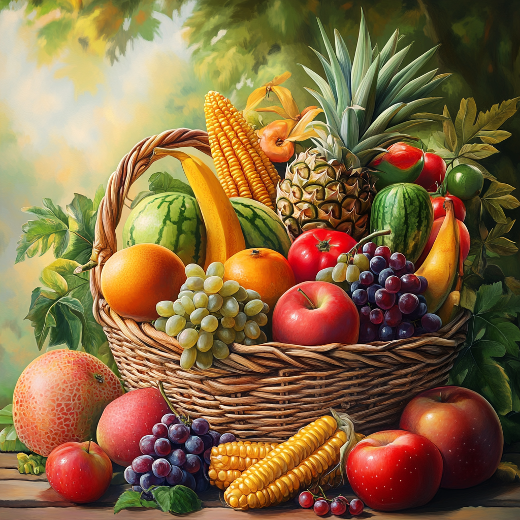 Gemälde eines reich gefüllten Fruchtkorbs mit Ananas, Wassermelonen, Trauben, Äpfeln, Orangen, Bananen und Maiskolben in warmem Sonnenlicht
