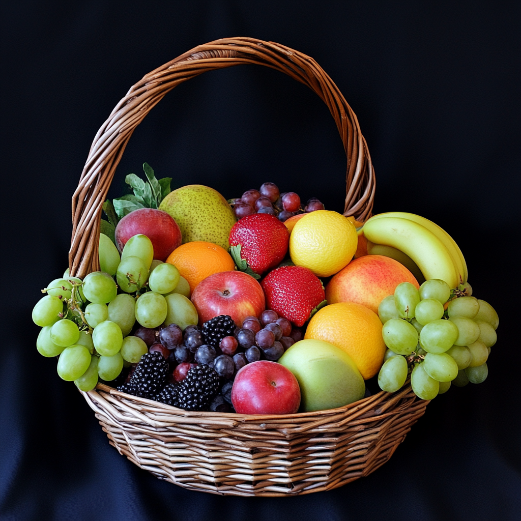 Fotografie eines geflochtenen Korbs voller bunter Früchte wie Trauben, Erdbeeren, Äpfel, Bananen und Orangen vor dunklem Hintergrund
