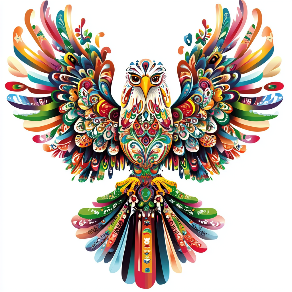 Bunter Phönix mit ausgebreiteten Flügeln auf weißem Hintergrund
