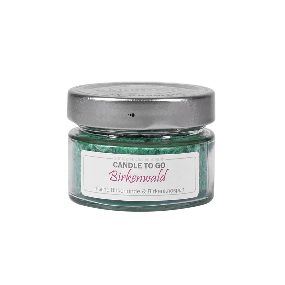 Candle Factory Candle to Go Birkenwald – kleine handgegossene Duftkerze im Glas mit frischem Waldduft, 100 % pflanzlich, vegan, Handmade in Germany.