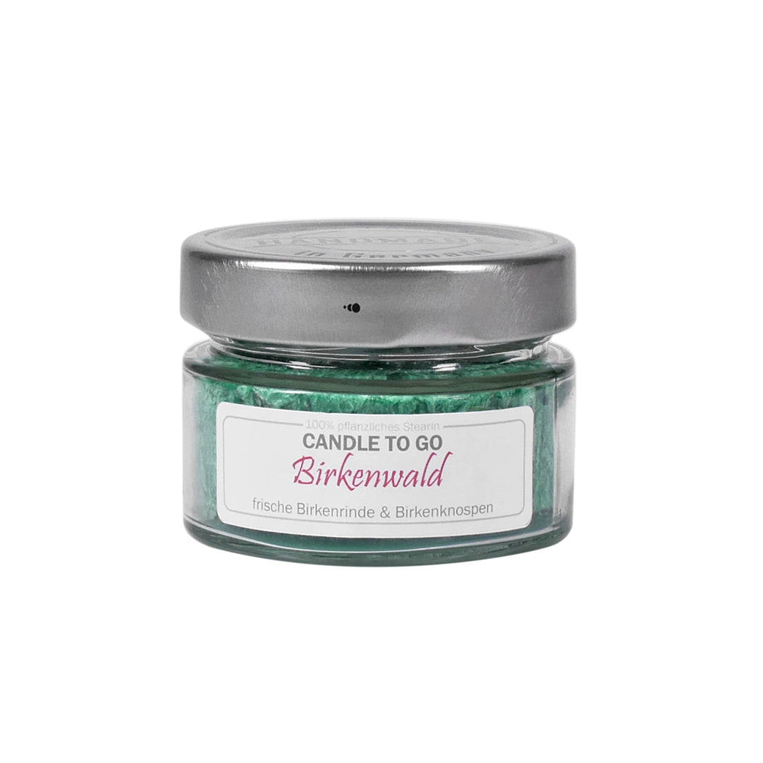 Candle Factory Candle to Go Birkenwald – kleine handgegossene Duftkerze im Glas mit frischem Waldduft, 100 % pflanzlich, vegan, Handmade in Germany.