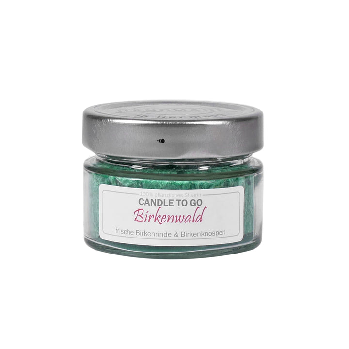 Candle Factory Candle to Go Birkenwald – kleine handgegossene Duftkerze im Glas mit frischem Waldduft, 100 % pflanzlich, vegan, Handmade in Germany.