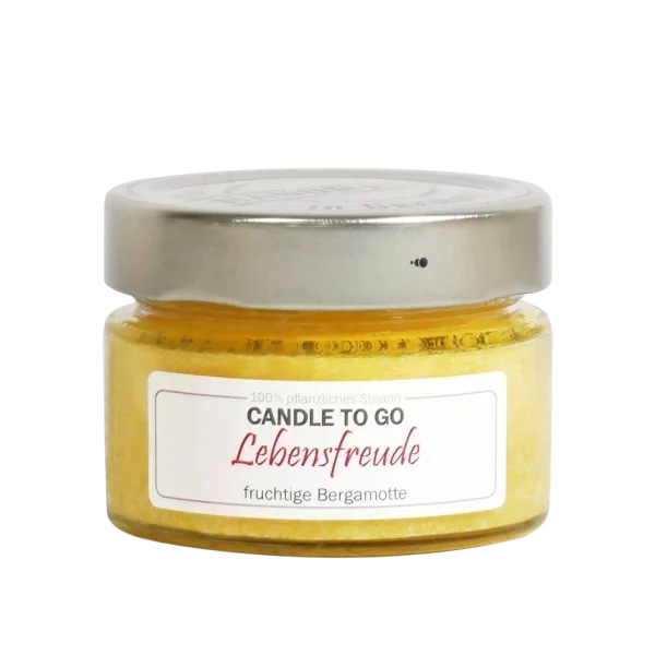 Candle Factory Candle to Go Lebensfreude – handgegossene Duftkerze im Glas, 100 % pflanzlich, fruchtiger Bergamotte-Duft, Handmade in Germany.