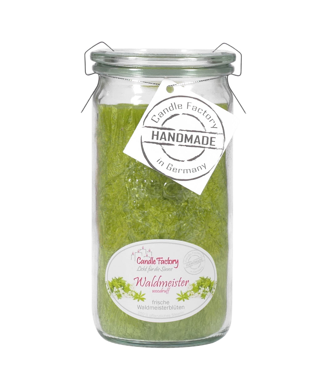 Candle Factory Mini-Jumbo Waldmeister – handgegossene Duftkerze im Glas mit frischem Duft nach Waldmeisterblüten, 100 % pflanzlich, Handmade in Germany.
