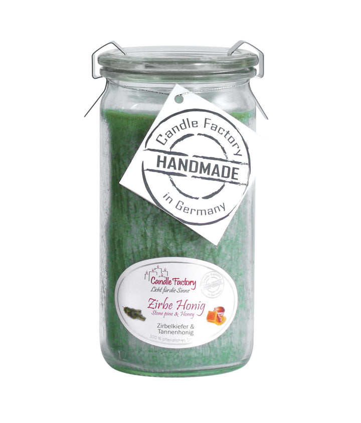 Candle Factory Mini-Jumbo Zirbe Honig – handgegossene Duftkerze im Glas, Zirbelkiefer & Tannenhonig, pflanzlich, Handmade in Germany.