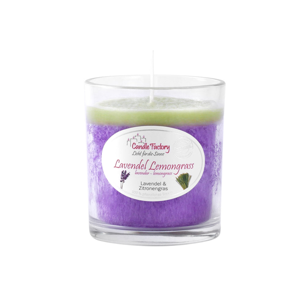 Candle Factory Party Light Lavendel Lemongrass – handgegossene Duftkerze im Glas, Lavendel & Zitronengras, zweifarbig, 100 % pflanzlich, Handmade in Germany.