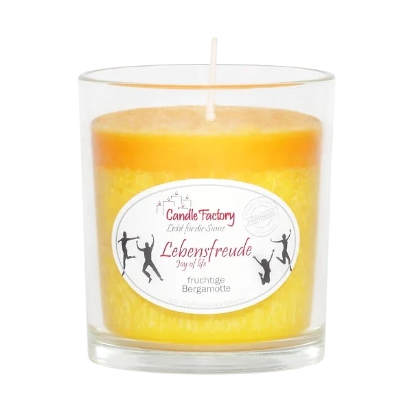 Candle Factory Party Light Lebensfreude – handgegossene Bergamotte-Duftkerze im Glas, 100 % pflanzlich, Handmade in Germany.