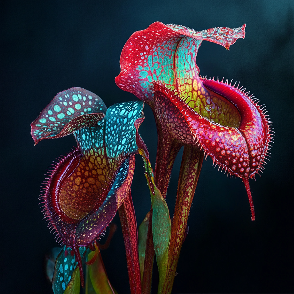 Makroaufnahme zweier leuchtend bunter, surrealer fleischfressender Pflanzen in Rot-, Blau- und Grüntönen