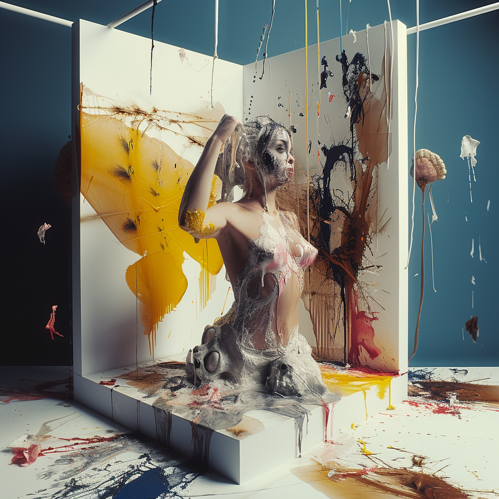 Surreales Porträt einer Frau in einem kunstvollen Raum aus Farbe, Textur und Struktur, bedeckt mit Schichten aus Wachs und Farbe in kräftigen Gelb- und Brauntönen.
