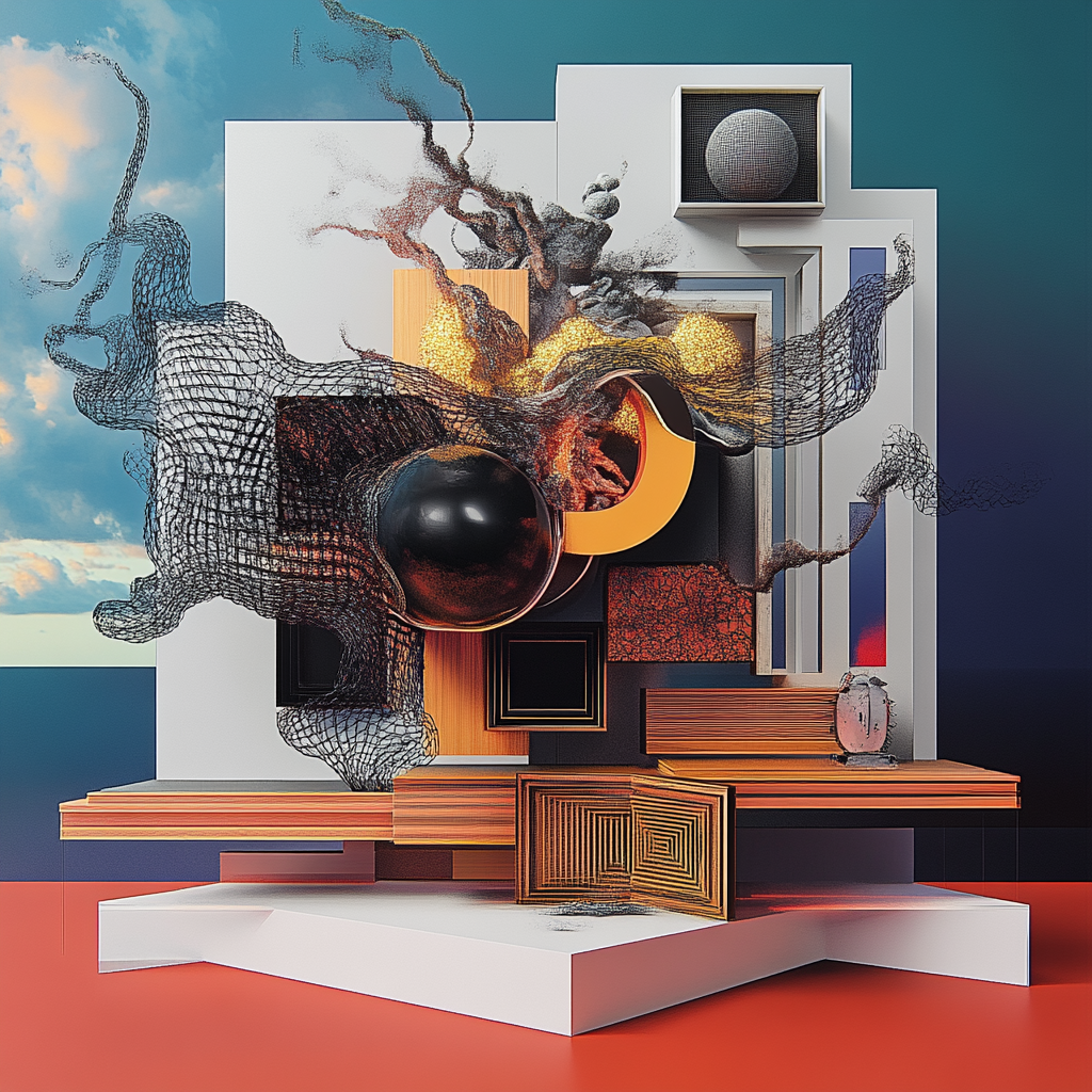 Abstrakte Komposition aus geometrischen Formen, Texturen und schwebenden Elementen
