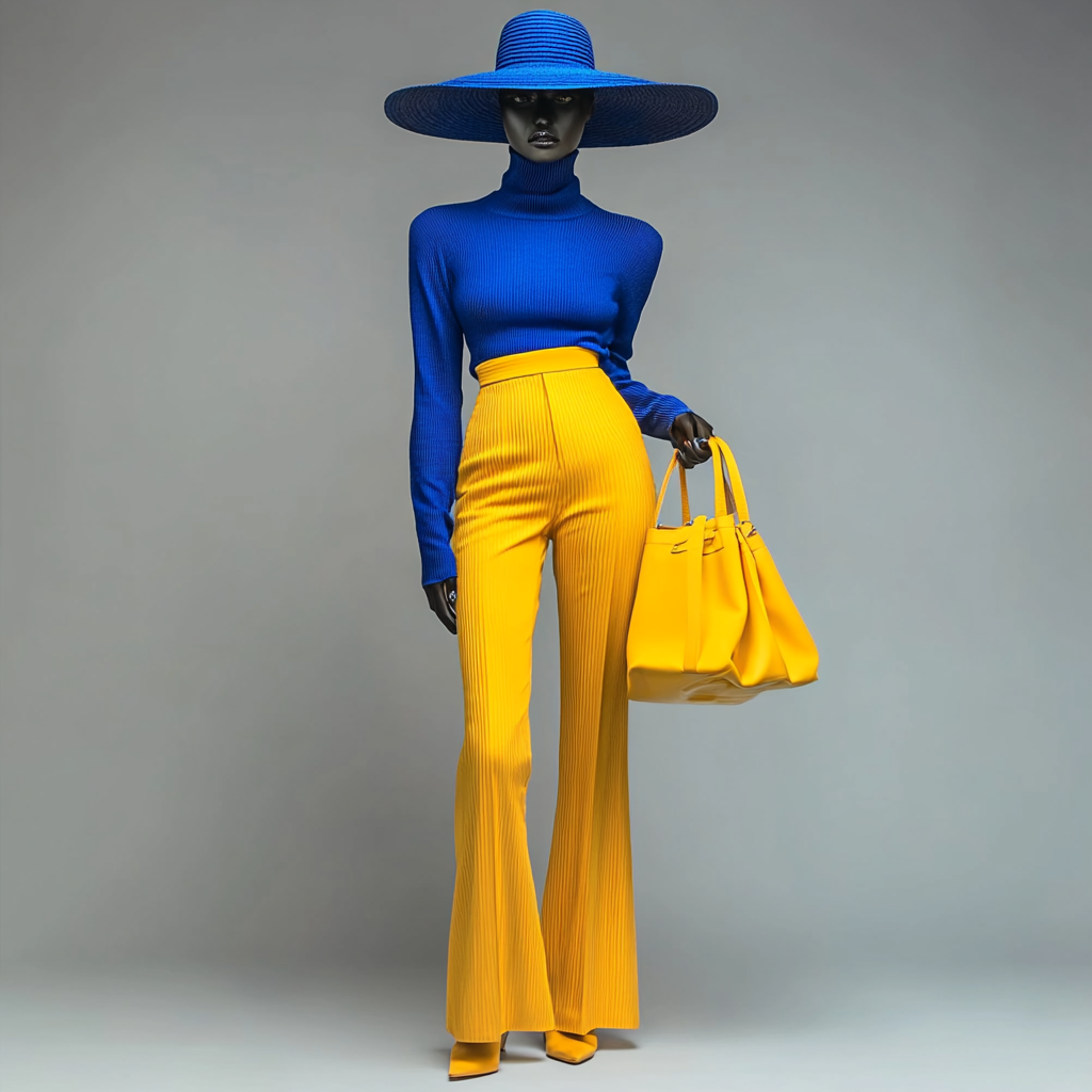 frau in blauer bluse und gelber hose mit passender tasche und hut
