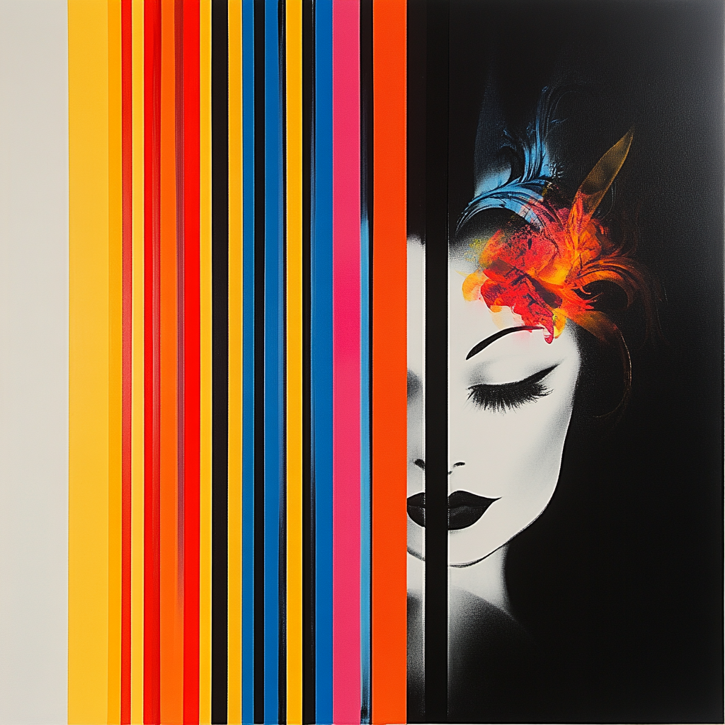 halbporträt einer frau mit geschlossenen augen hinter bunten farbstreifen
