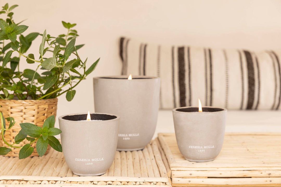 Citronella & Mint Duftkerzen aus der Stone Collection von Cereria Mollá 1899 in unterschiedlichen Größen, handgegossen im Betongefäß mit frischem Zitronengras-Minze-Duft.