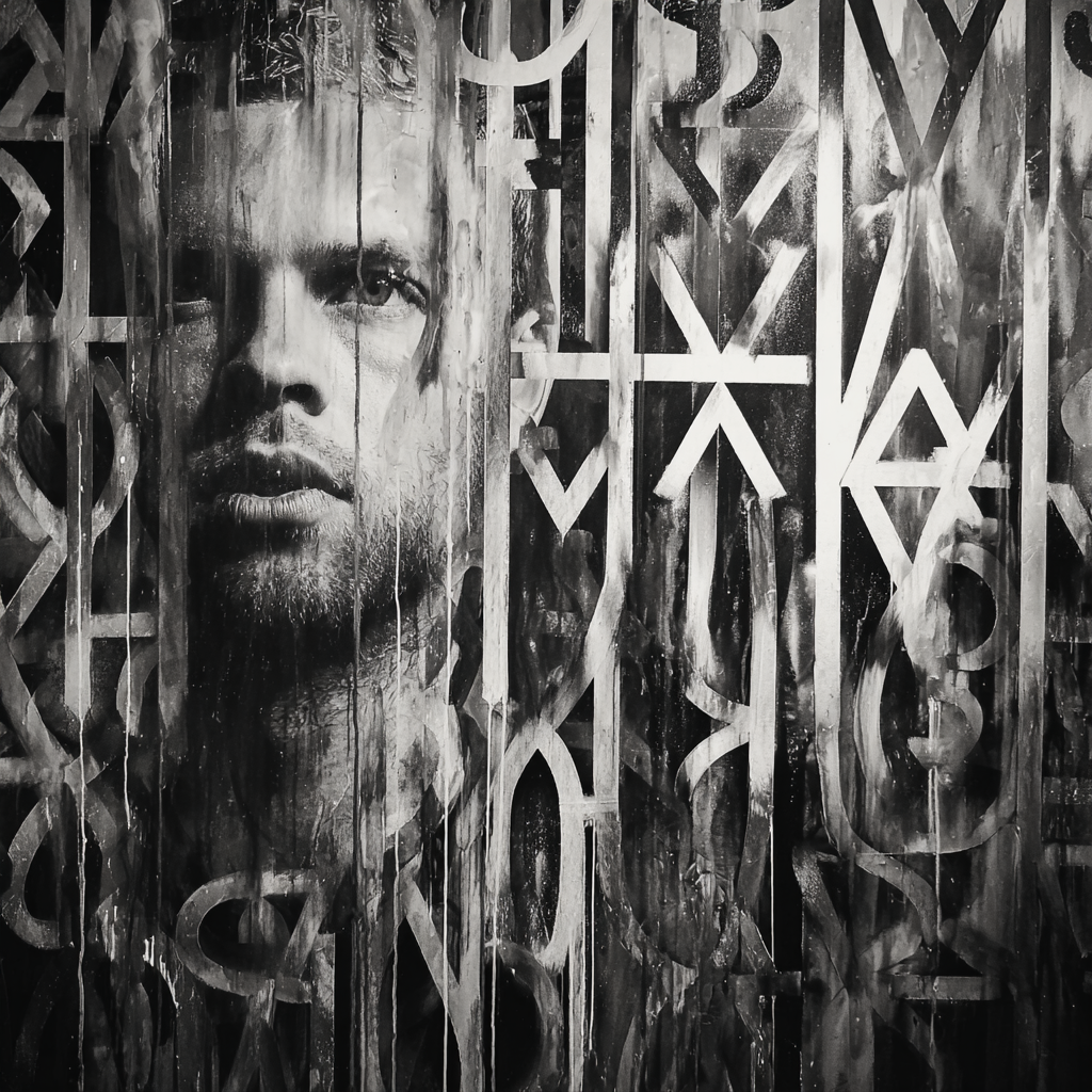 Schwarz-Weiß-Porträt eines Mannes mit geometrischen Symbolen im Hintergrund, abstrakt und modern.
