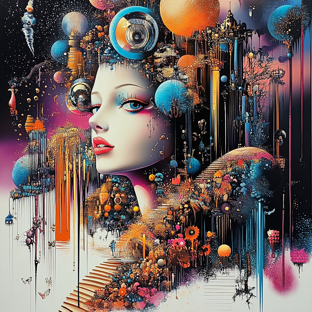 surrealistisches portraet einer frau mit galaxie und planeten im hintergrund
