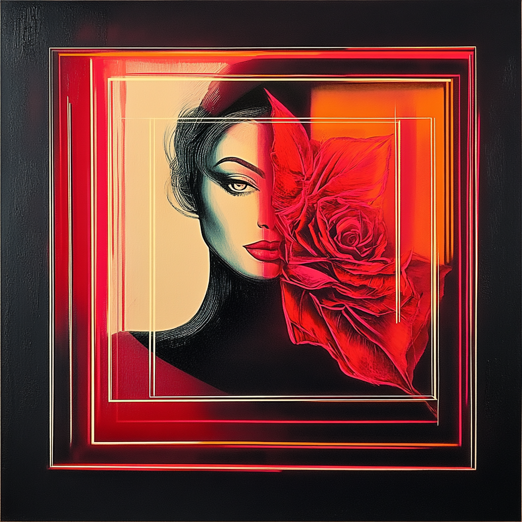 halbporträt einer frau mit rose in rot und schwarz
