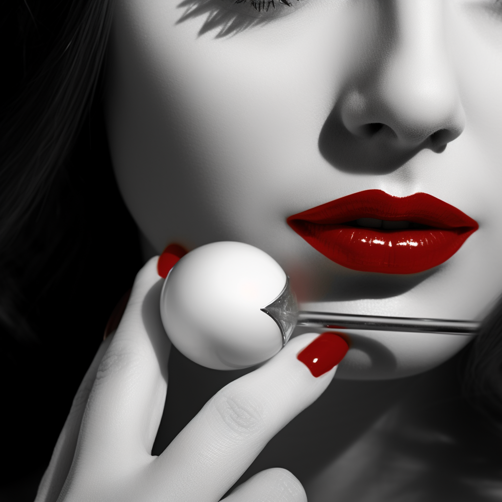 Nahaufnahme eines Gesichts mit leuchtend roten Lippen und Fingern, die ein weißes, kugelförmiges Objekt halten – Symbol für Versuchung, Kontrolle und stille Sinnlichkeit.
