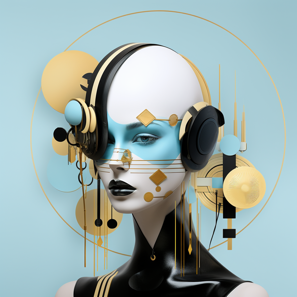 Futuristisches Porträt einer Frau mit goldenen geometrischen Ornamenten und Kopfhörern auf hellblauem Hintergrund, inspiriert von Cyber- und Art-Deco-Stil.

