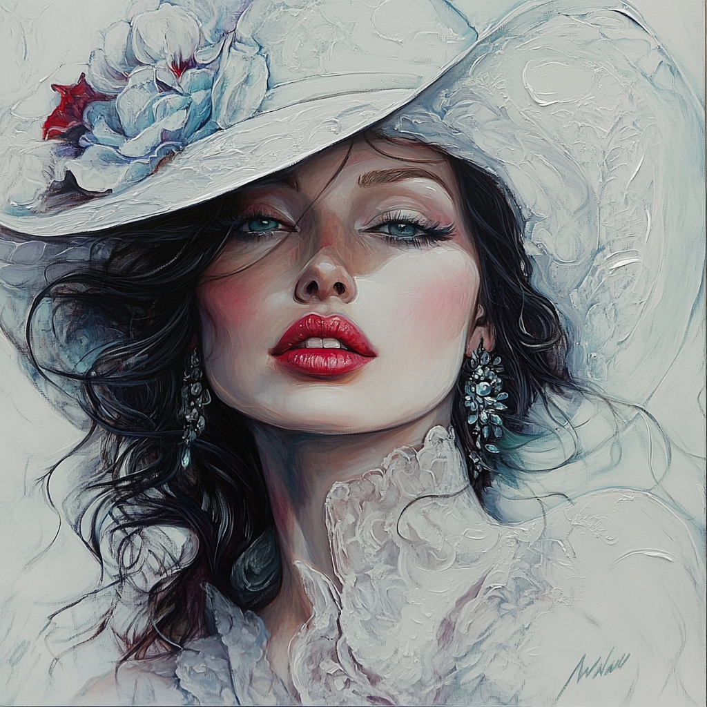 Porträt einer eleganten Frau mit weißem Hut, roten Lippen und blauer Blüte – malerisches Kunstwerk mit feiner Textur.
