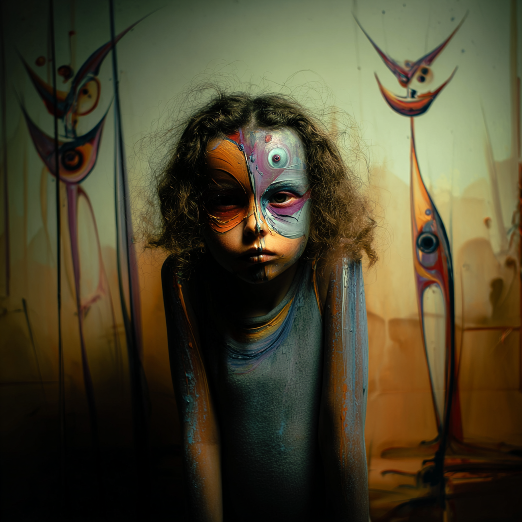 surrealistisches kinderporträt mit farbiger maske und abstraktem hintergrund
