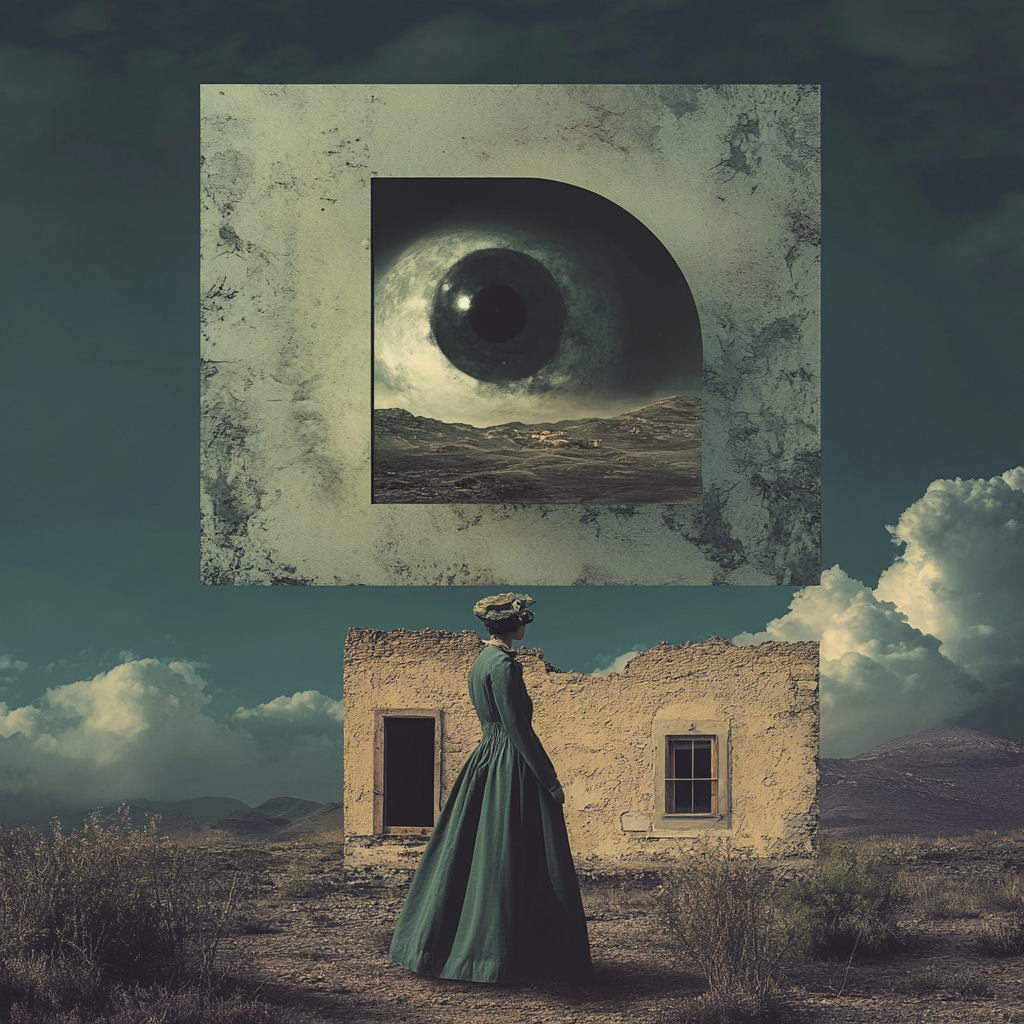 Eine Frau in historischer Kleidung steht vor einer verfallenen Hausruine unter einem dunklen Himmel. Über ihr schwebt ein riesiges Auge in einem geometrischen Rahmen – Symbol für Beobachtung, Erinnerung und das Unbewusste.
