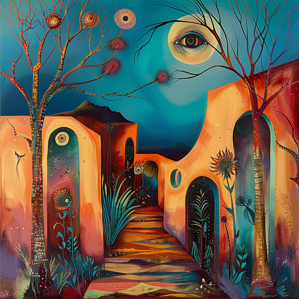 Surreales Gemälde mit architektonischen Formen, Bäumen und Pflanzen unter einem nächtlichen Himmel. Ein großes Auge im Mond blickt über eine labyrinthartige Szenerie in warmen Orange- und Blautönen.
