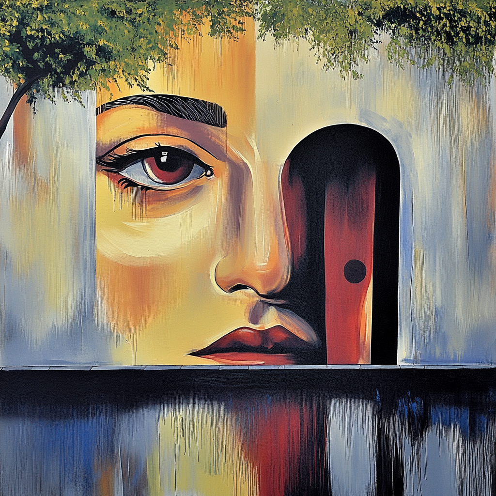 Surreales Wandbild eines Gesichts, in dessen Struktur sich eine Tür öffnet – das Auge blickt tief und ruhig, Symbol für Wahrnehmung, Raum und Seele.
