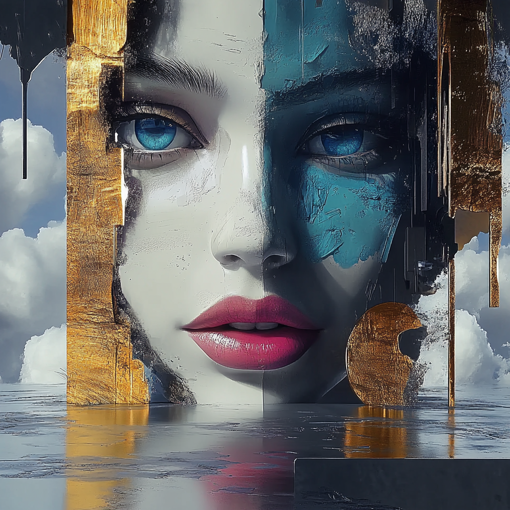 Ein großes, surrealistisches Gesicht mit blauen Augen und gespaltenen Farbflächen aus Gold, Weiß und Blau schwebt zwischen Himmel und Wolken – Symbol für Dualität, Erkenntnis und Transzendenz.
