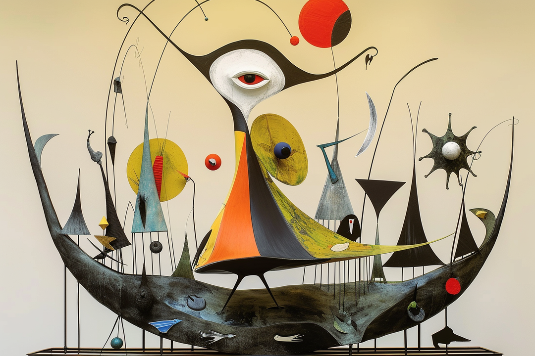 Abstrakte Komposition aus geometrischen und organischen Formen in Gelb-, Schwarz-, Rot- und Blautönen, mit einem zentralen stilisierten Auge und Figuren, die an Vögel, Monde und kosmische Objekte erinnern.
