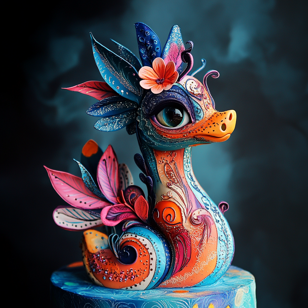 fantasievolles drachenwesen mit blumen und farbenfrohen ornamenten
