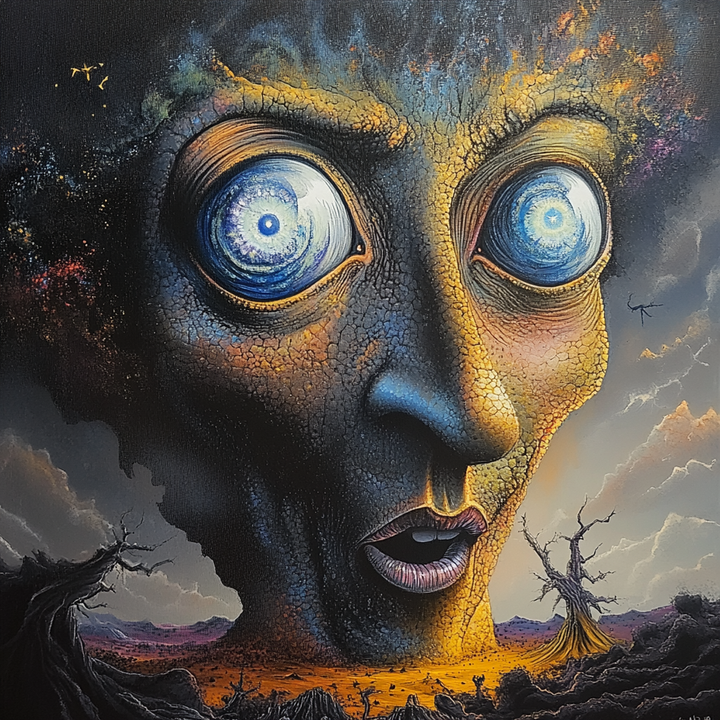 Surrealistisches Porträt eines riesigen Gesichts, das aus einer Wüstenlandschaft emporragt – leuchtende, hypnotische Augen und eine dramatische, apokalyptische Stimmung.
