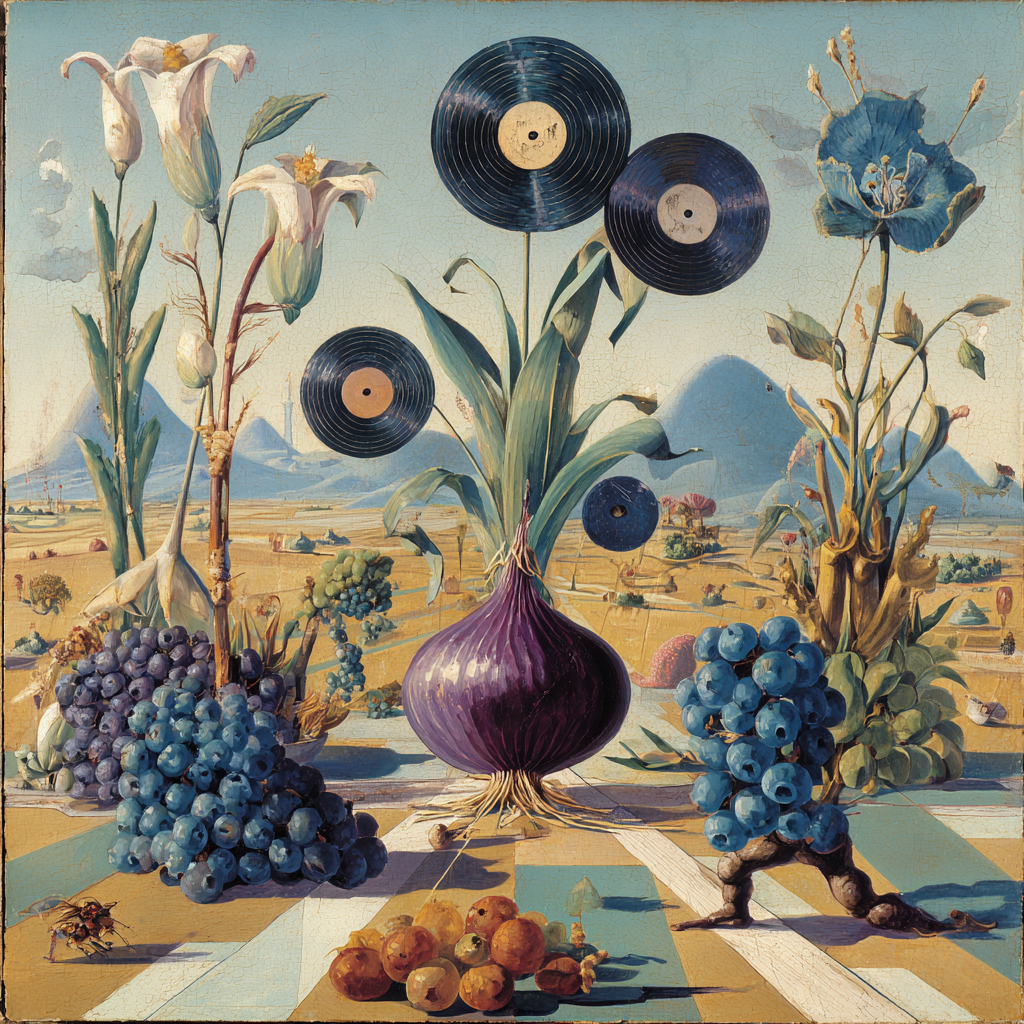 Ein surrealistisches Gemälde zeigt Pflanzen und Früchte, deren Blüten aus Schallplatten bestehen, in einer weiten, sonnendurchfluteten Landschaft mit Bergen im Hintergrund.
