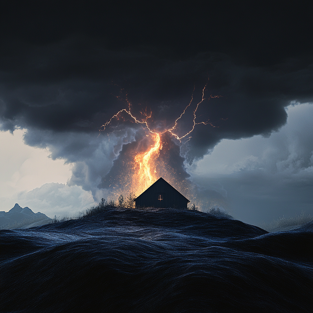 haus unter dunklen wolken mit blitz und feuer am himmel, symbolisch für kraft und wandel

