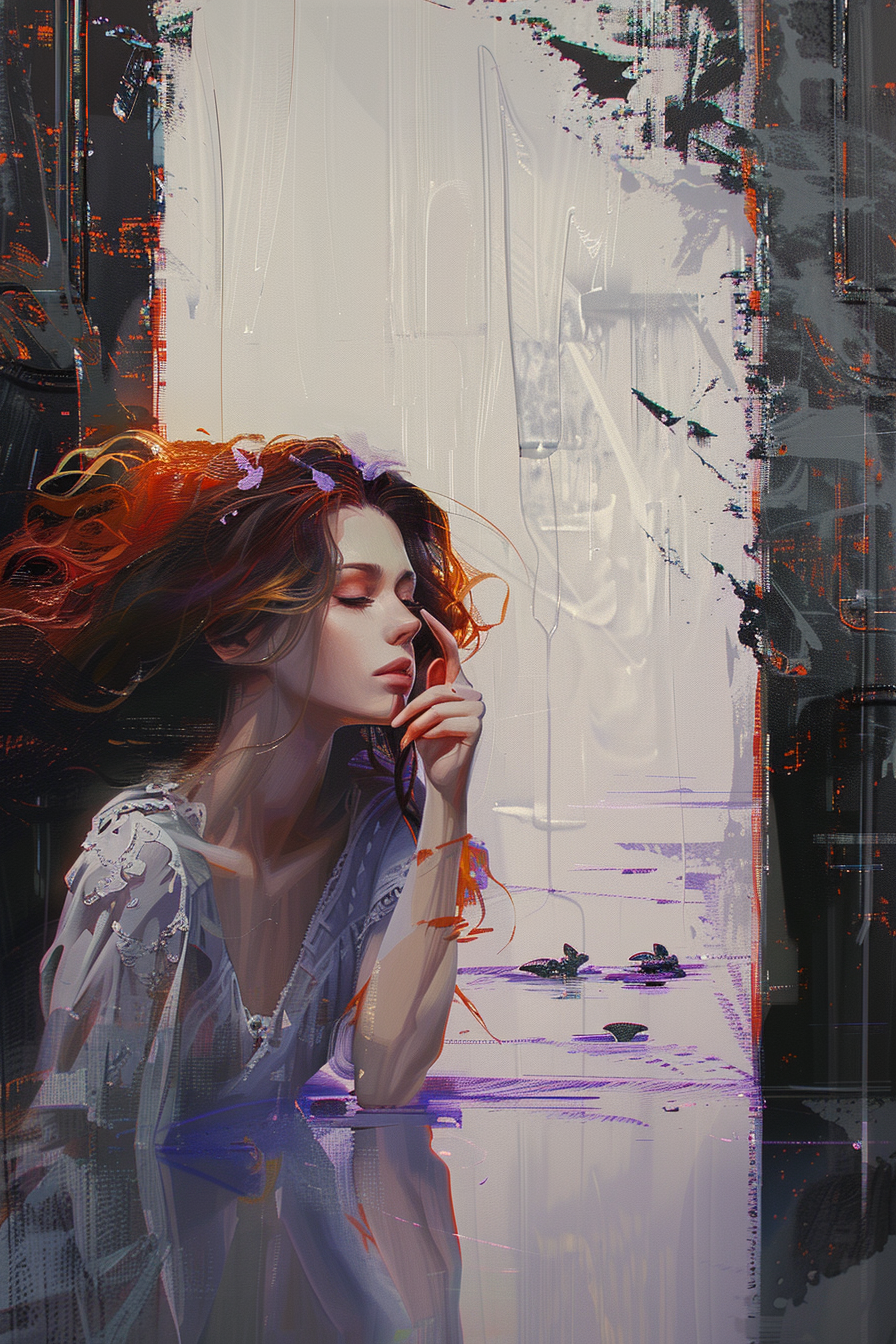 Eine junge Frau mit geschlossenen Augen ruht träumerisch im Licht, ihr Gesicht halb im Schatten, halb in Glanz getaucht – ein Moment stiller Introspektion.
